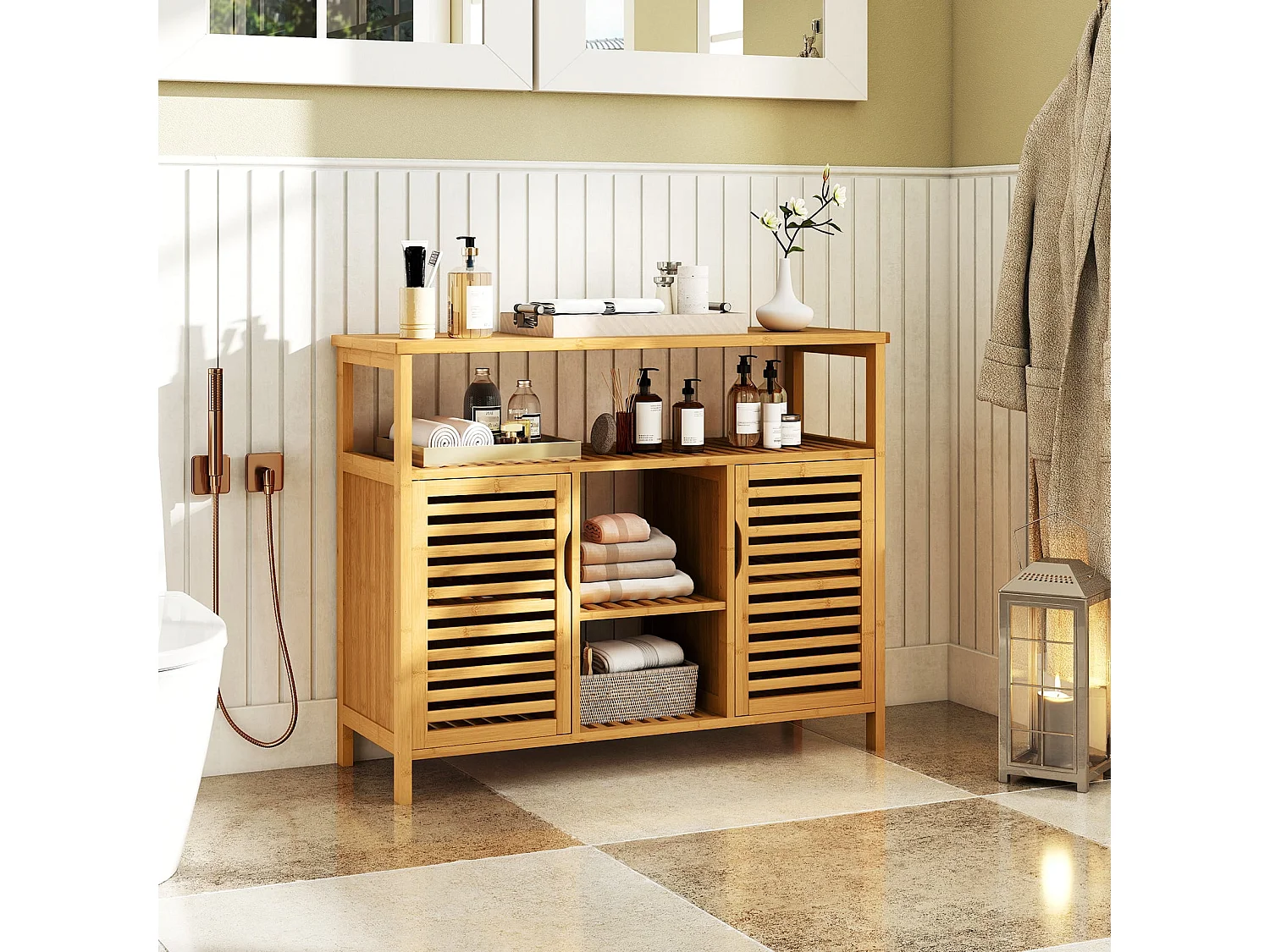 Meuble de salle de bains en bambou – Meuble indépendant à 2 portes