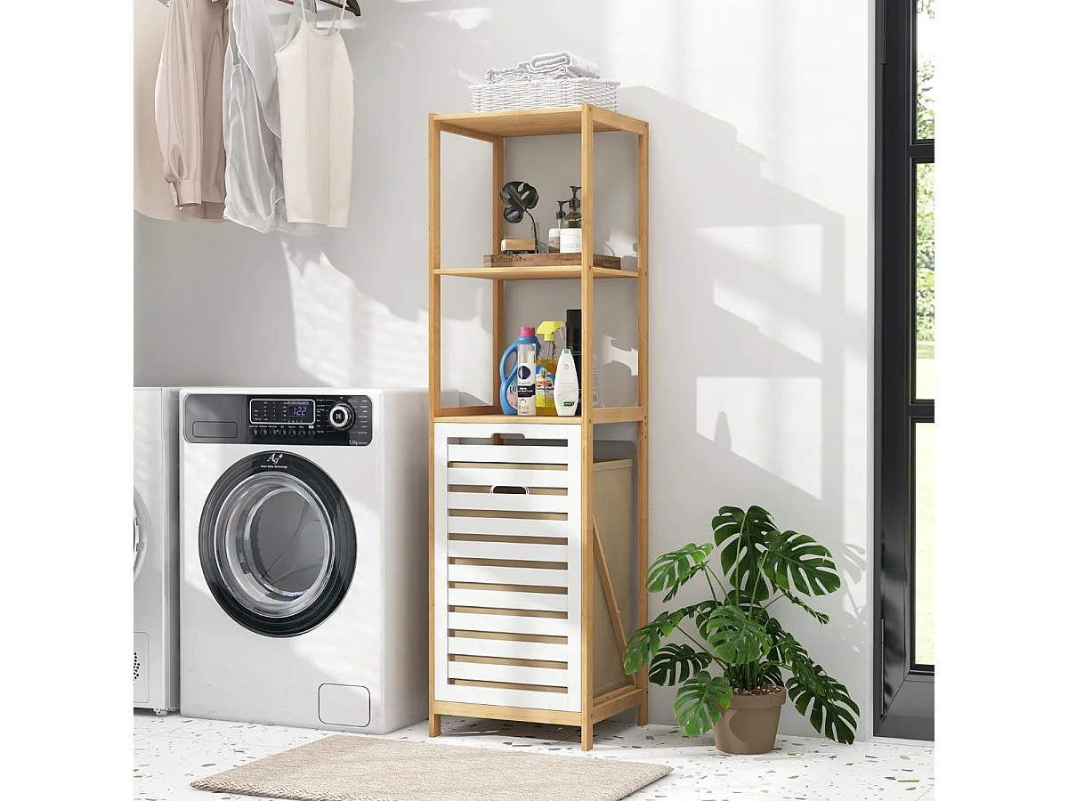 Mobile da bagno in bambù con cesto per la biancheria