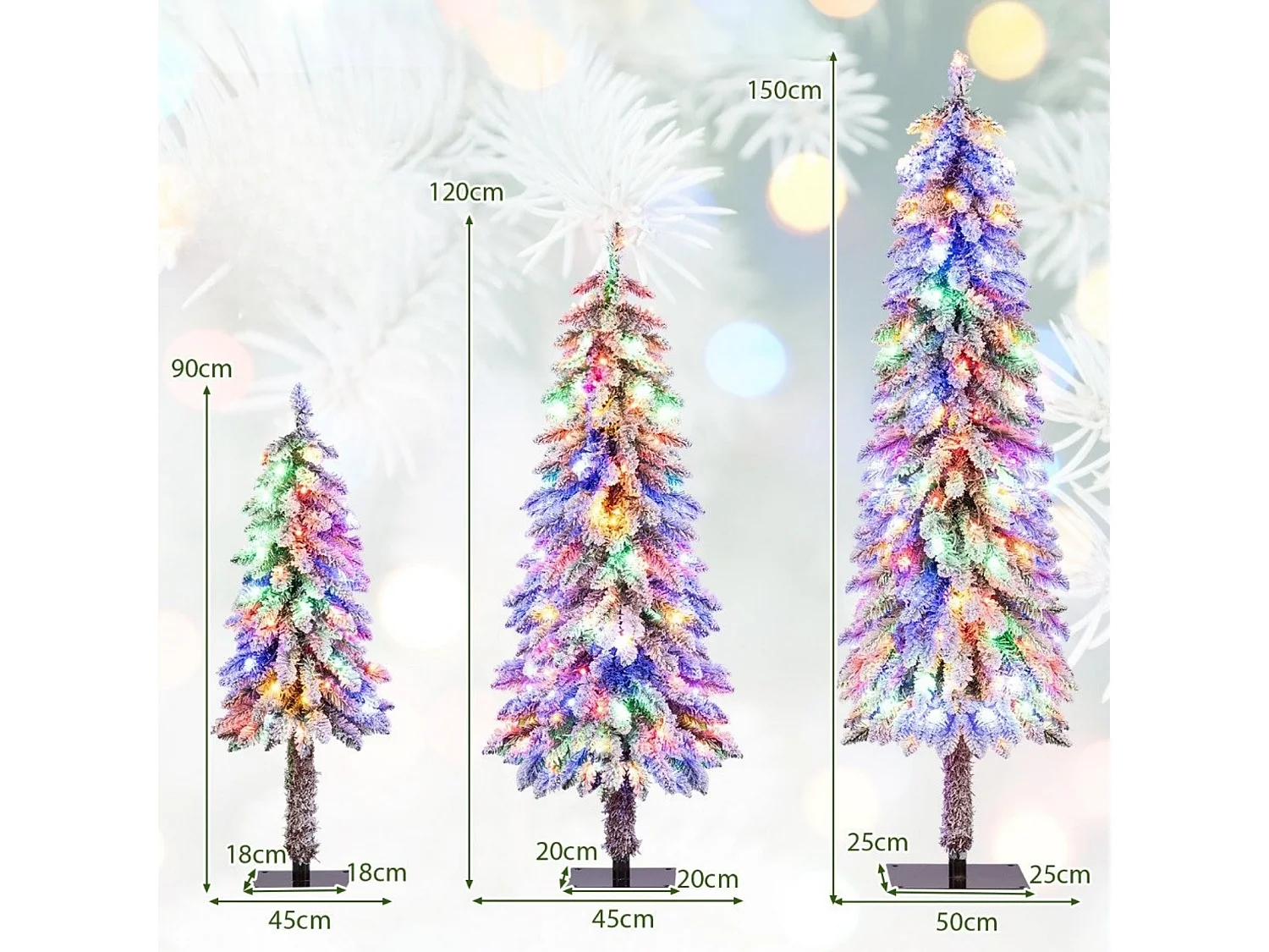 Set: Kunstweihnachtsbaum mit Beleuchtung und Kunstschnee, 3 Stück