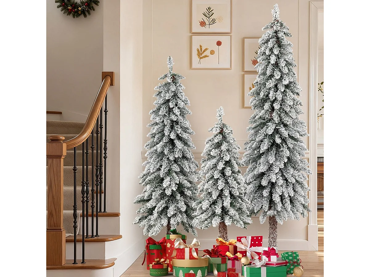 Set: Kunstweihnachtsbaum mit Beleuchtung und Kunstschnee, 3 Stück