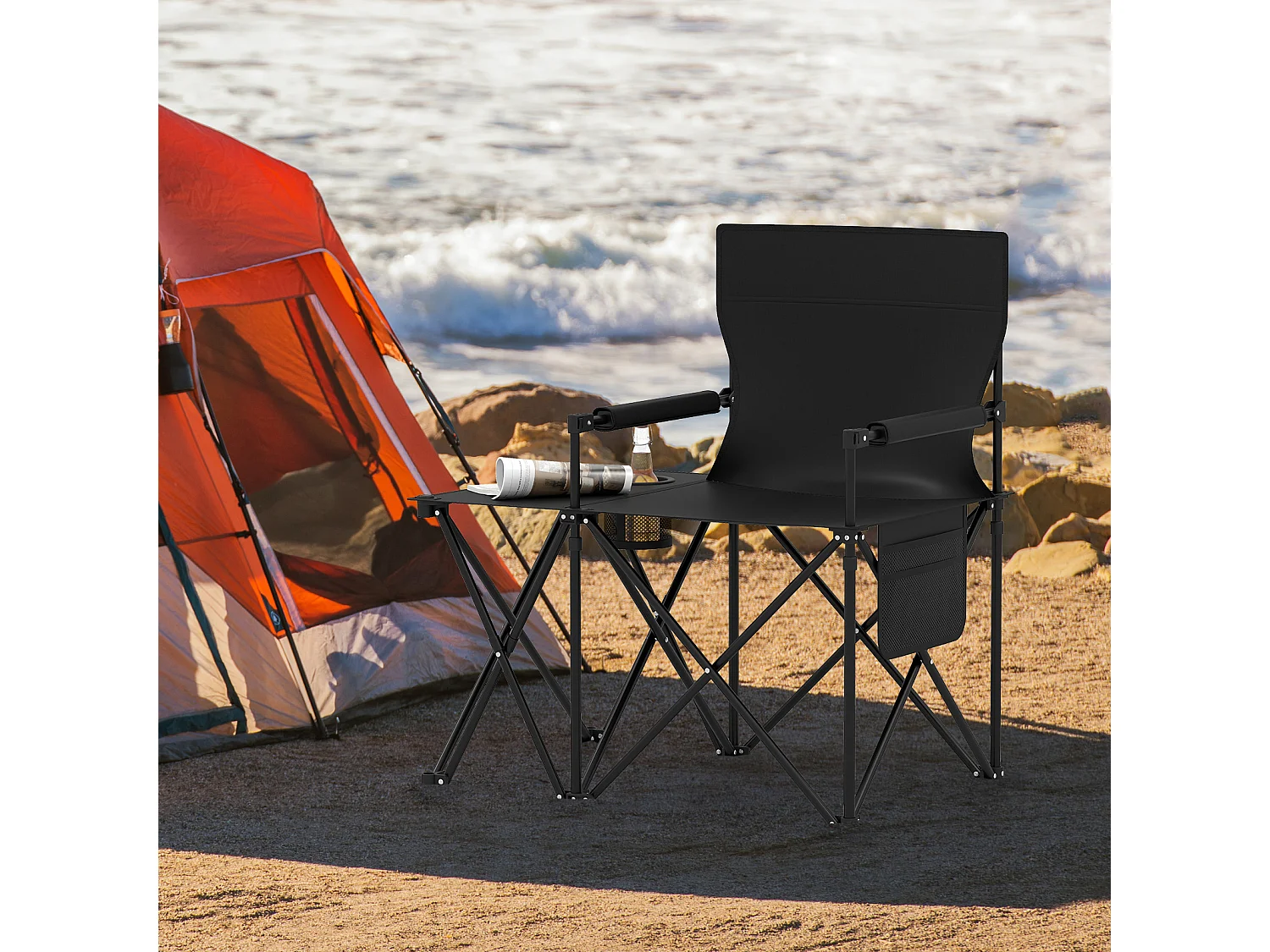 Set di 2 sedie pieghevoli da campeggio con tavolino portabicchieri e borsa laterale nero