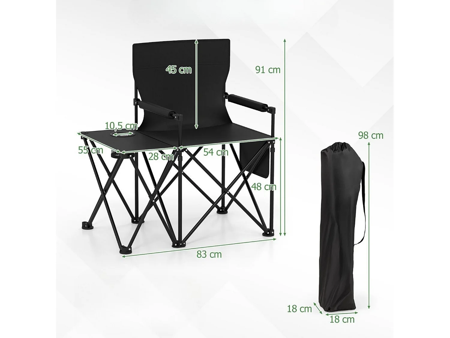 Set di 2 sedie pieghevoli da campeggio con tavolino portabicchieri e borsa laterale nero