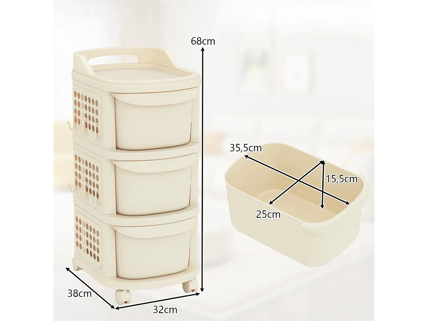 Mobile da bagno su ruote con 3 cassetti