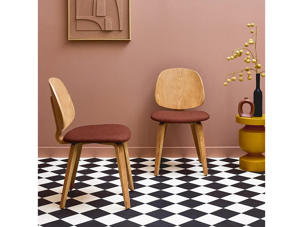Lot de 2 chaises bois de peuplier courbé placage chêne et bouclette texturée terracotta - Sophia