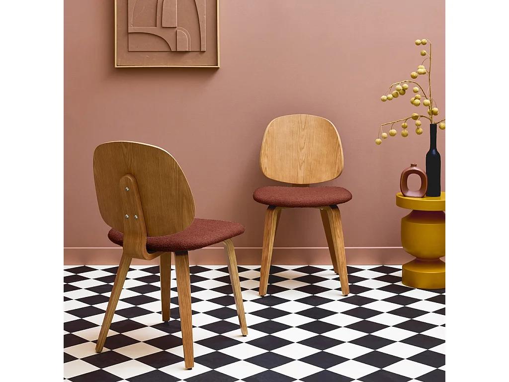 Lot de 2 chaises bois de peuplier courbé placage chêne et bouclette texturée terracotta - Sophia