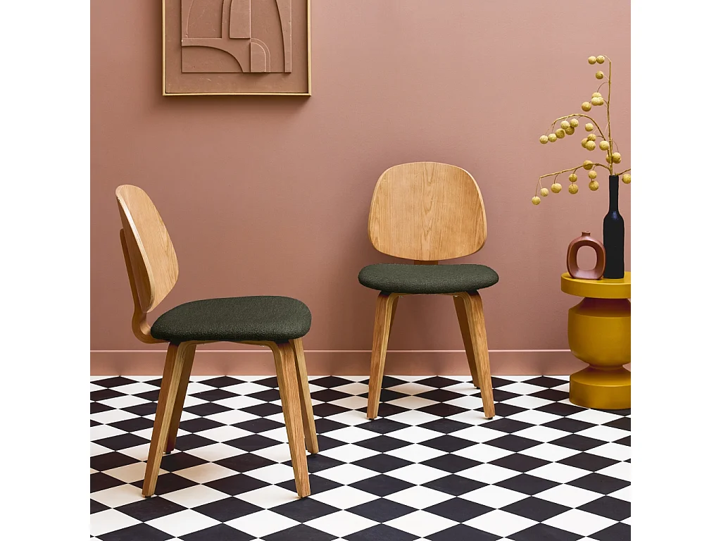 Lot de 2 chaises bois de peuplier courbé placage chêne et bouclette texturée kaki - Sophia