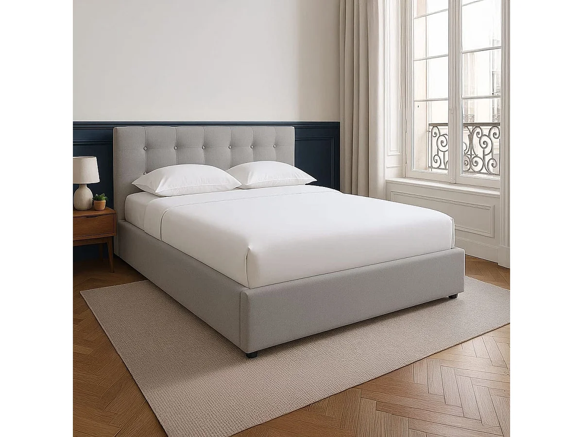 Ensemble Lit coffre adulte 140x190cm avec tête de lit en tissu gris - Tina + Matelas ressorts ensachés - Spring Elite