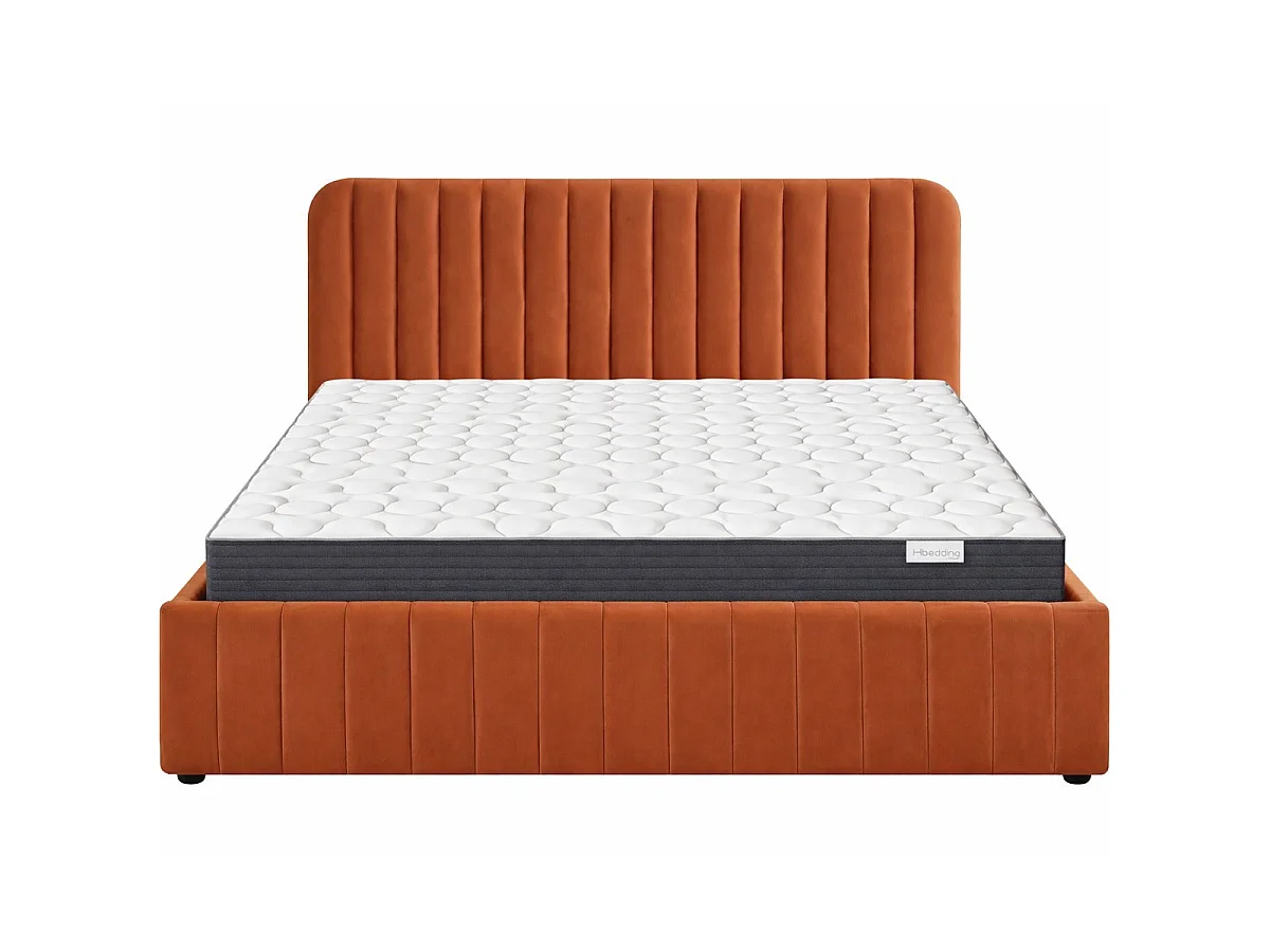 Ensemble Lit coffre adulte 160x200cm avec tête de lit en velours terracotta - Ava + Matelas mémoire de forme - Memo HR