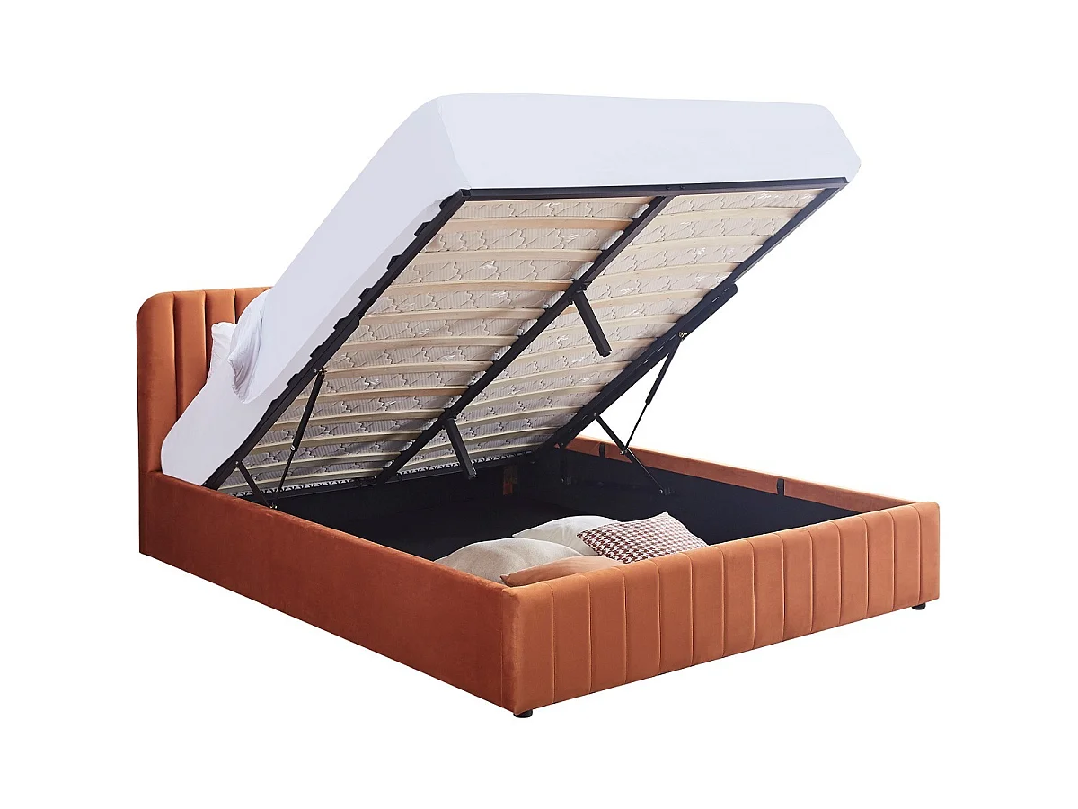 Ensemble Lit coffre adulte 160x200cm avec tête de lit en velours terracotta - Ava + Matelas mémoire de forme - Memo HR