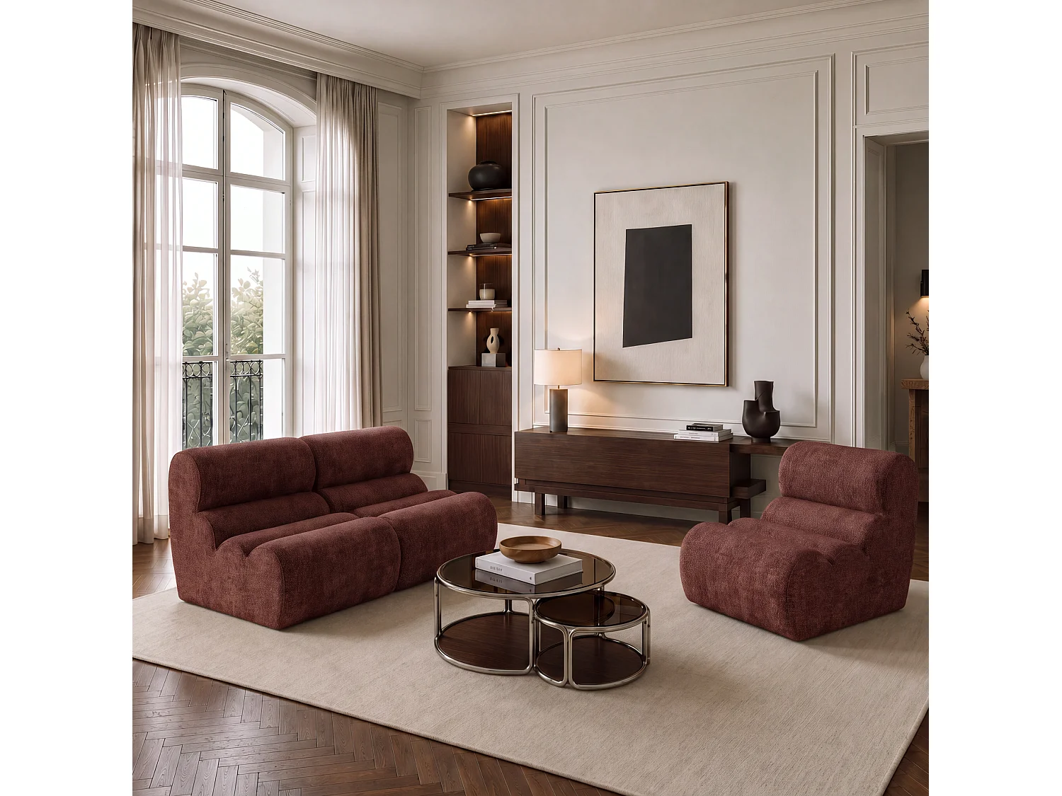 Fauteuil LOFT en velours texturé bordeaux