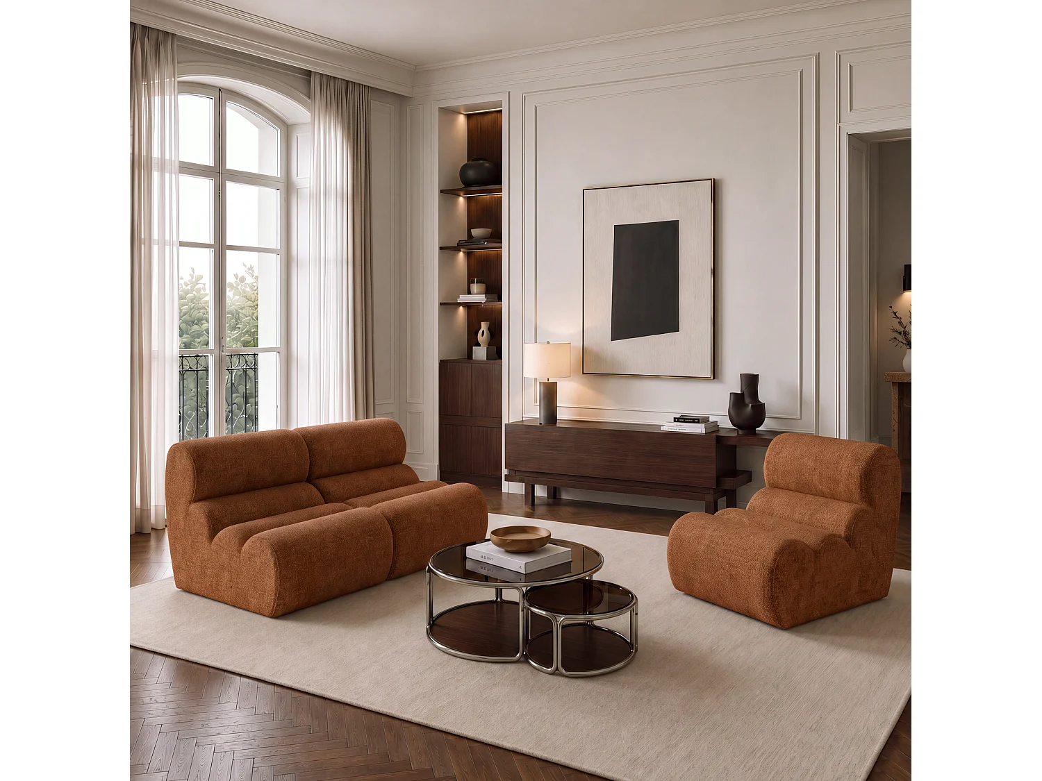 Fauteuil LOFT en velours texturé terracotta
