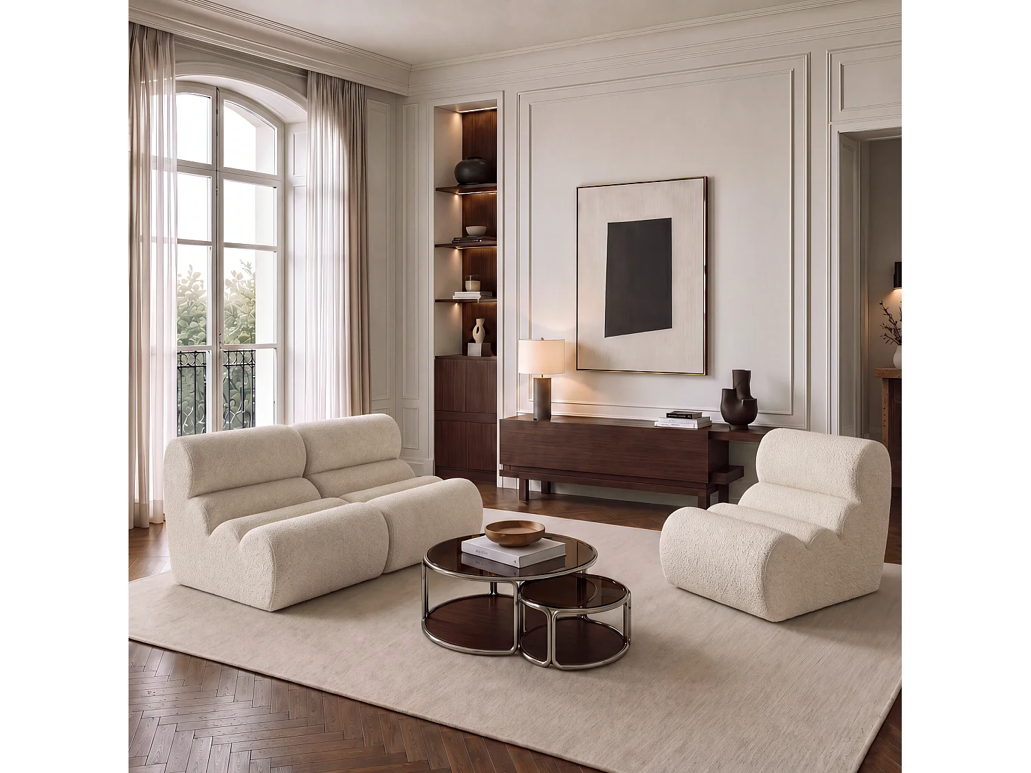 Fauteuil LOFT en tissu bouclette crème