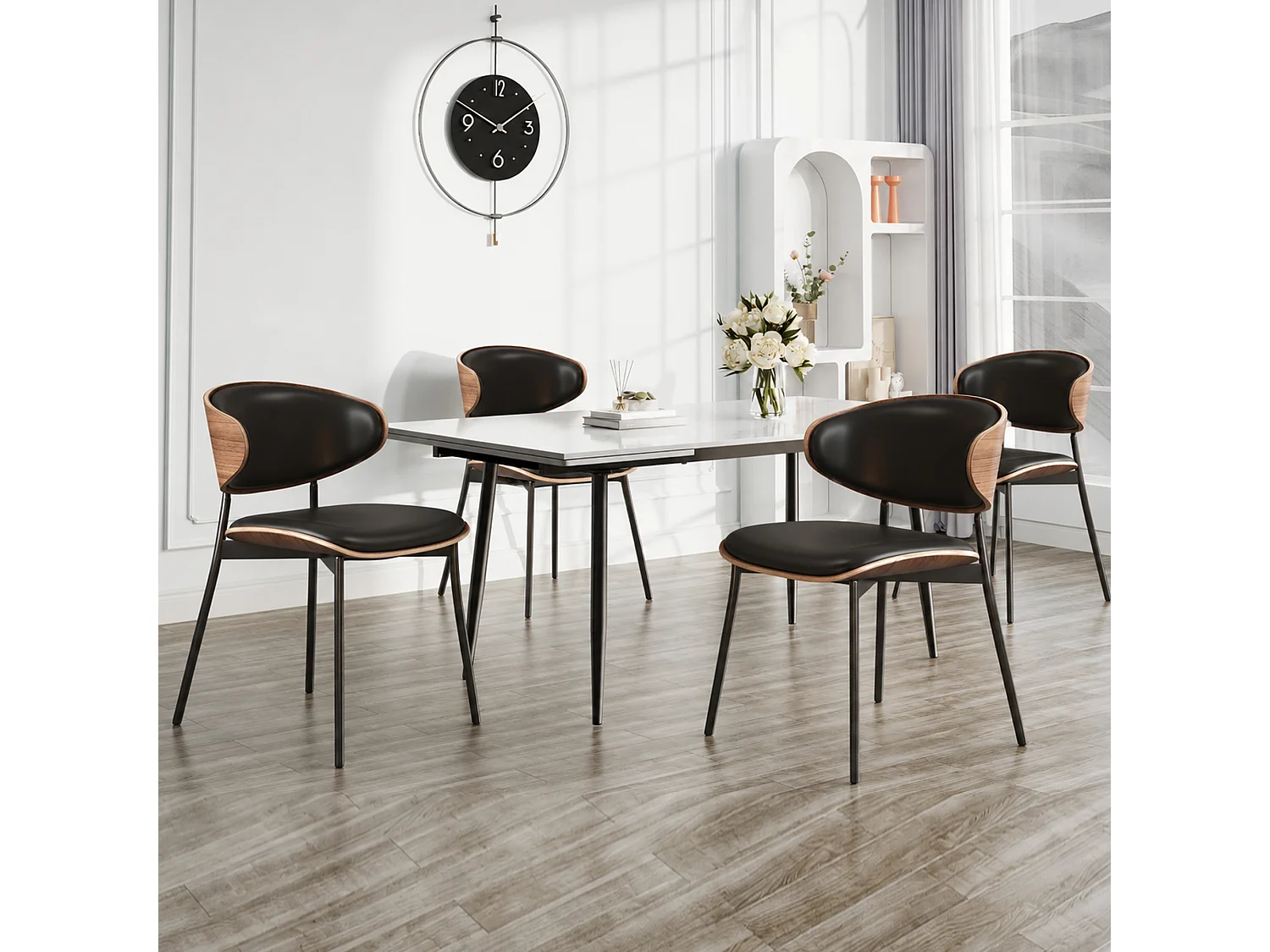 Lot de 6 chaises de Salle à Manger, chaises de Cuisine en Bois Massif et Similicuir avec Pieds en métal, pour Salle à Manger, Cuisine et Salon, Noir