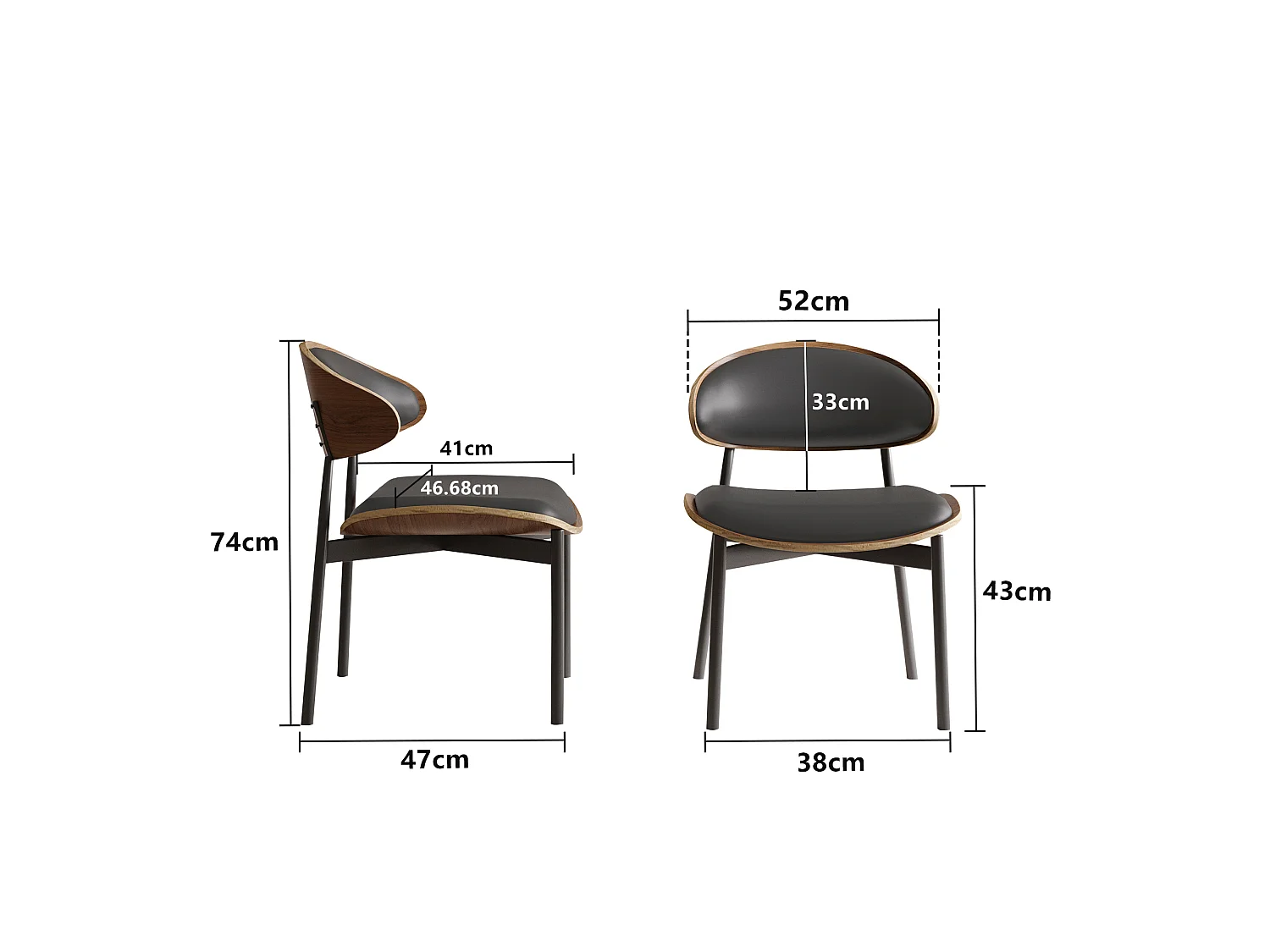 Lot de 4 chaises de Salle à Manger, chaises de Cuisine en Bois Massif et Similicuir avec Pieds en métal, pour Salle à Manger, Cuisine et Salon, Noir