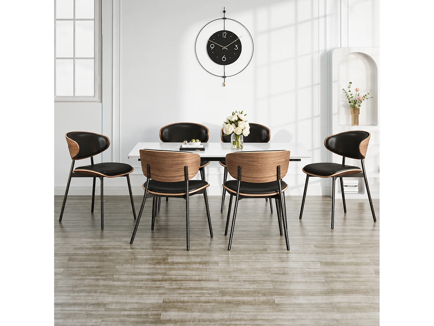 Lot de 4 chaises de Salle à Manger, chaises de Cuisine en Bois Massif et Similicuir avec Pieds en métal, pour Salle à Manger, Cuisine et Salon, Noir