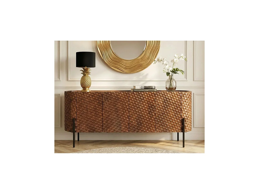 Buffet NOARA 178 cm in bruin mangohout – 4 deuren met in honingraat gesneden gevels