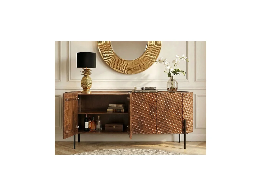 Buffet NOARA 178 cm in bruin mangohout – 4 deuren met in honingraat gesneden gevels