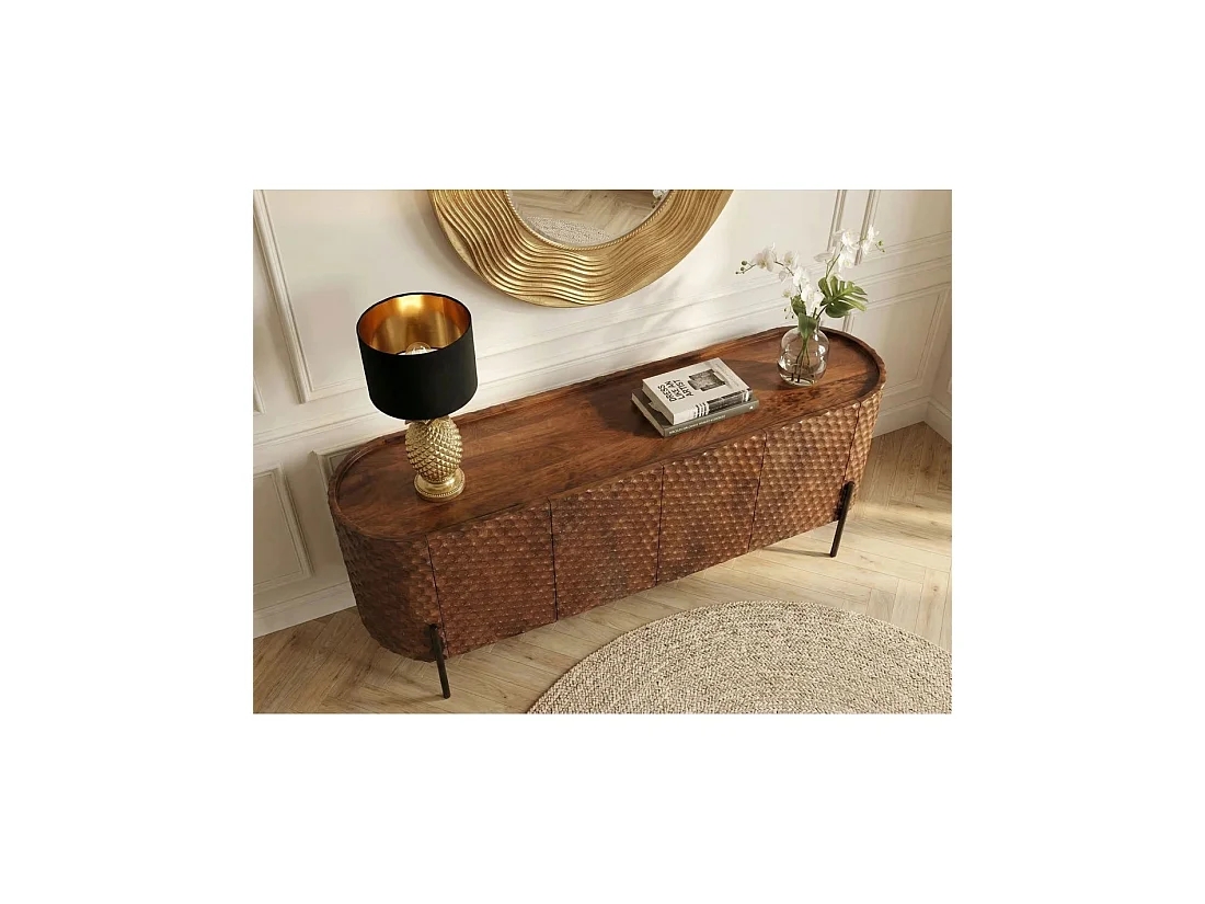 Buffet NOARA 178 cm in bruin mangohout – 4 deuren met in honingraat gesneden gevels