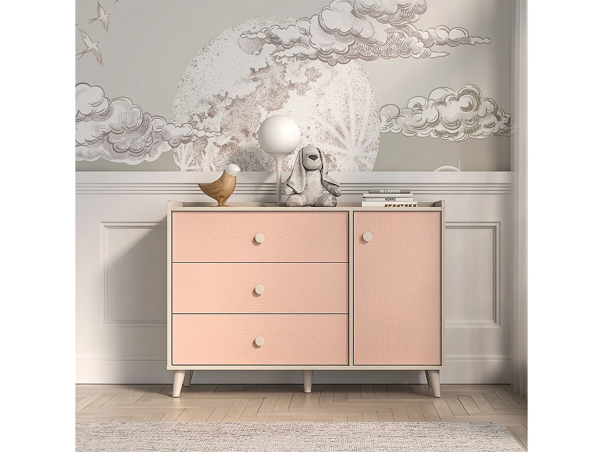 Kommode 1 Tür 3 Schubladen Alycia Beige und Rosa