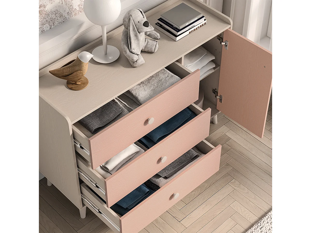 Kommode 1 Tür 3 Schubladen Alycia Beige und Rosa