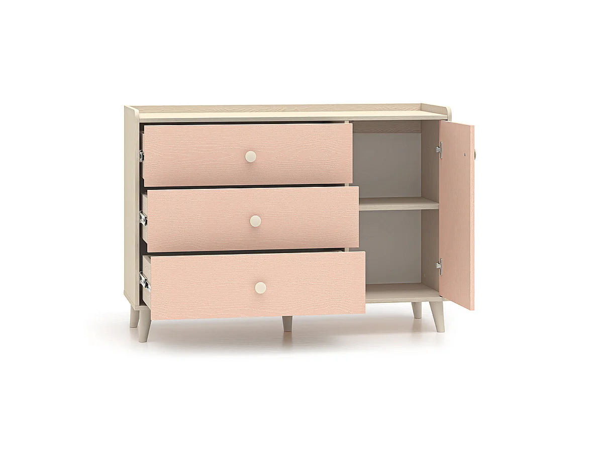 Kommode 1 Tür 3 Schubladen Alycia Beige und Rosa