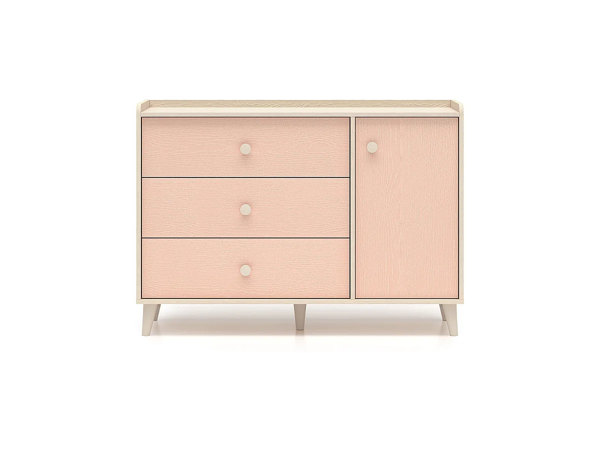 Kommode 1 Tür 3 Schubladen Alycia Beige und Rosa