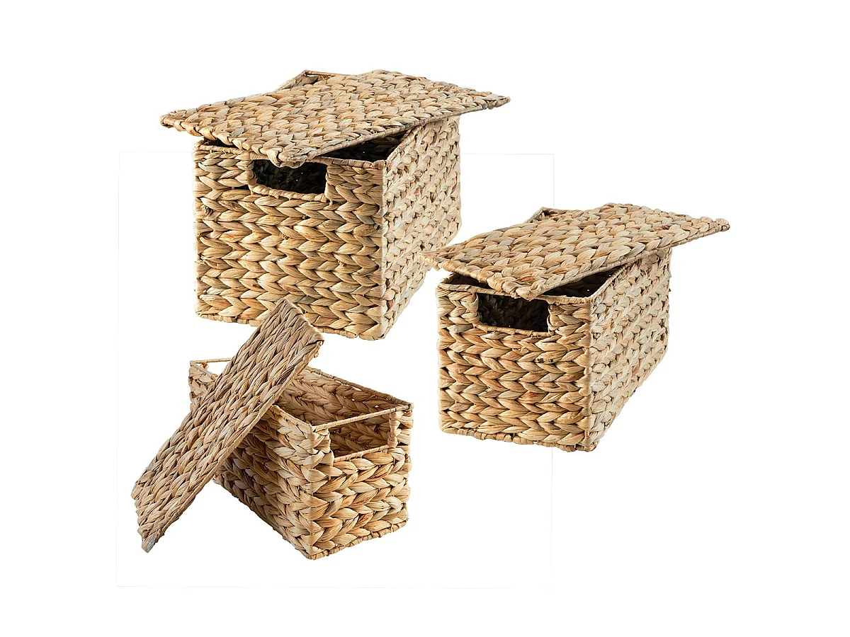 Lot de 3 boîtes en jacinthe d'eau avec couvercle - MAYA