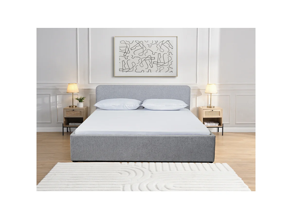 Lit coffre 140x190 cm en tissu gris avec tête de lit et sommier - YSÉE