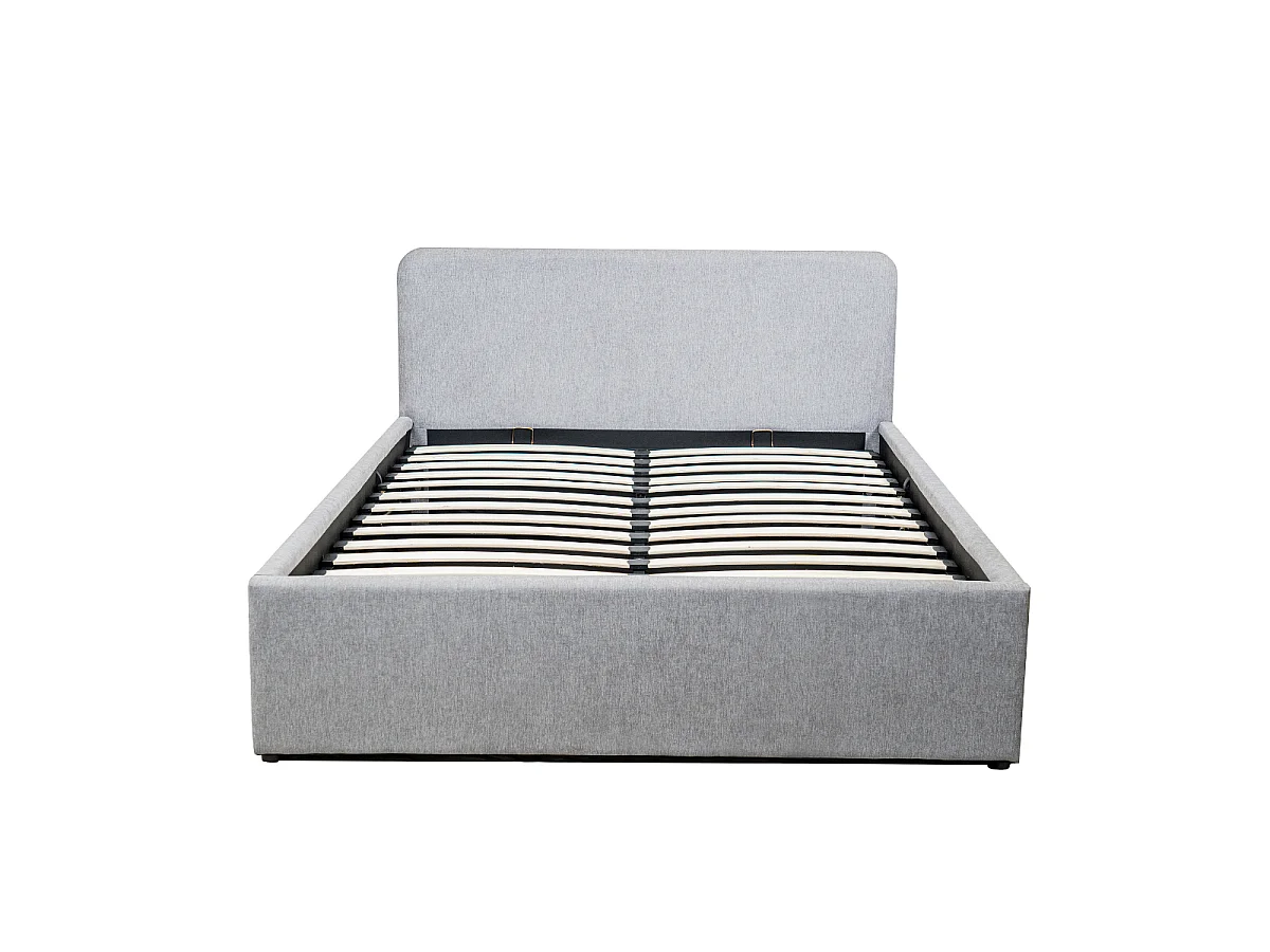 Lit coffre 140x190 cm en tissu gris avec tête de lit et sommier - YSÉE