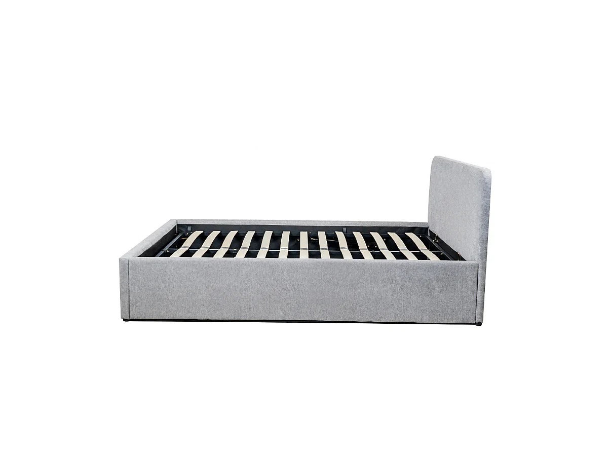 Lit coffre 140x190 cm en tissu gris avec tête de lit et sommier - YSÉE