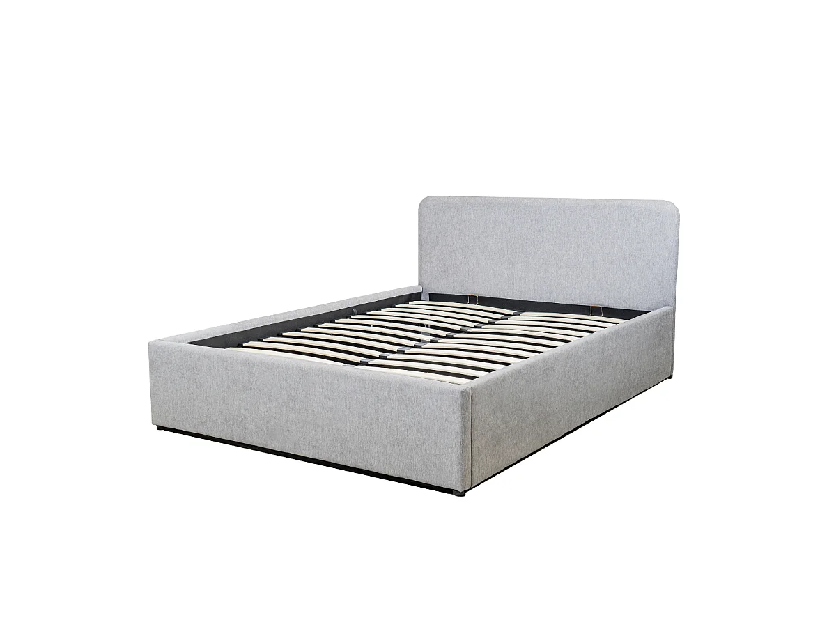 Lit coffre 140x190 cm en tissu gris avec tête de lit et sommier - YSÉE