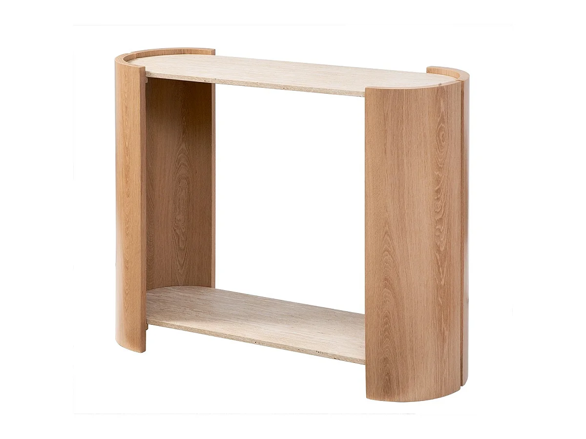 Console à 2 niveaux décor travertin et bois L100 cm - IZIA