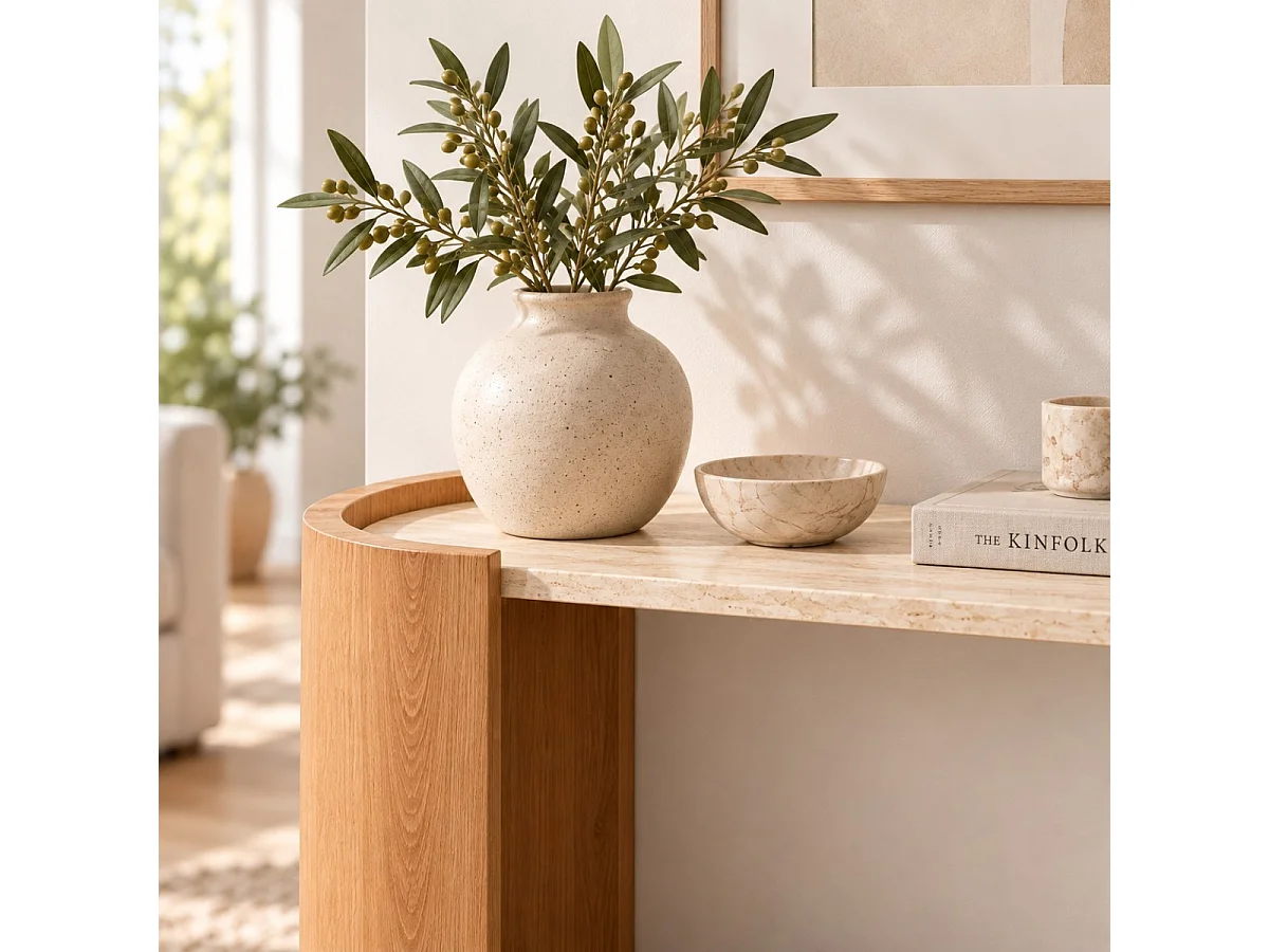 Console à 2 niveaux décor travertin et bois L100 cm - IZIA