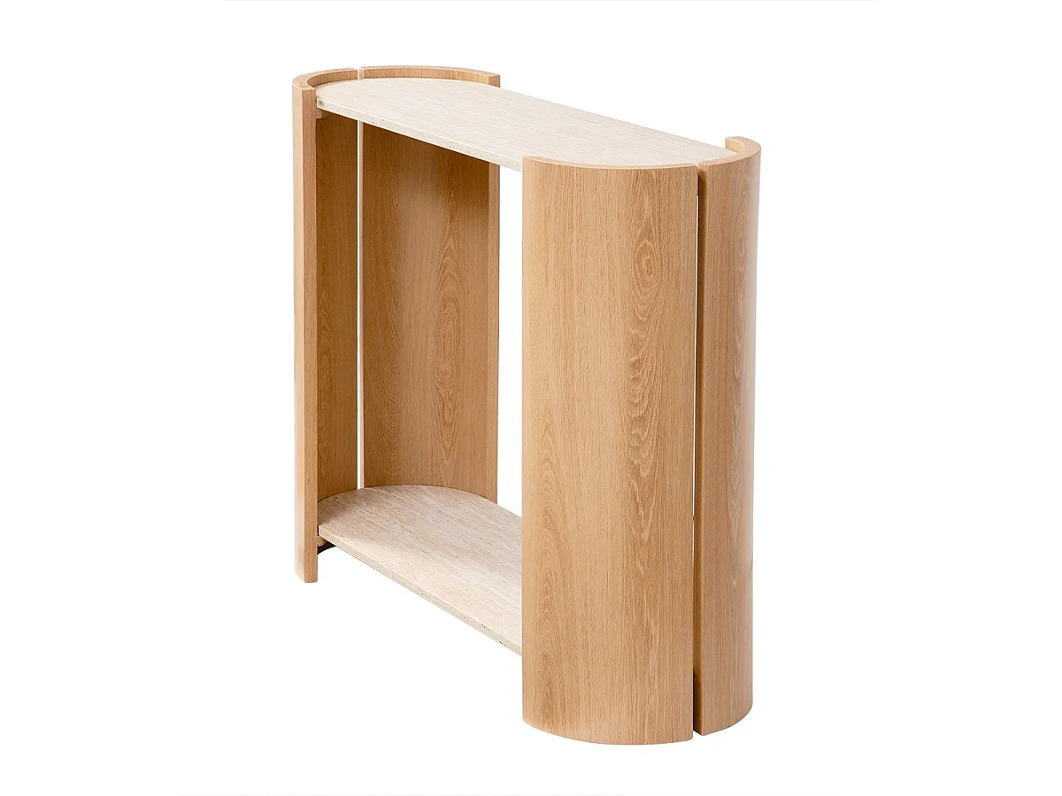 Console à 2 niveaux décor travertin et bois L100 cm - IZIA