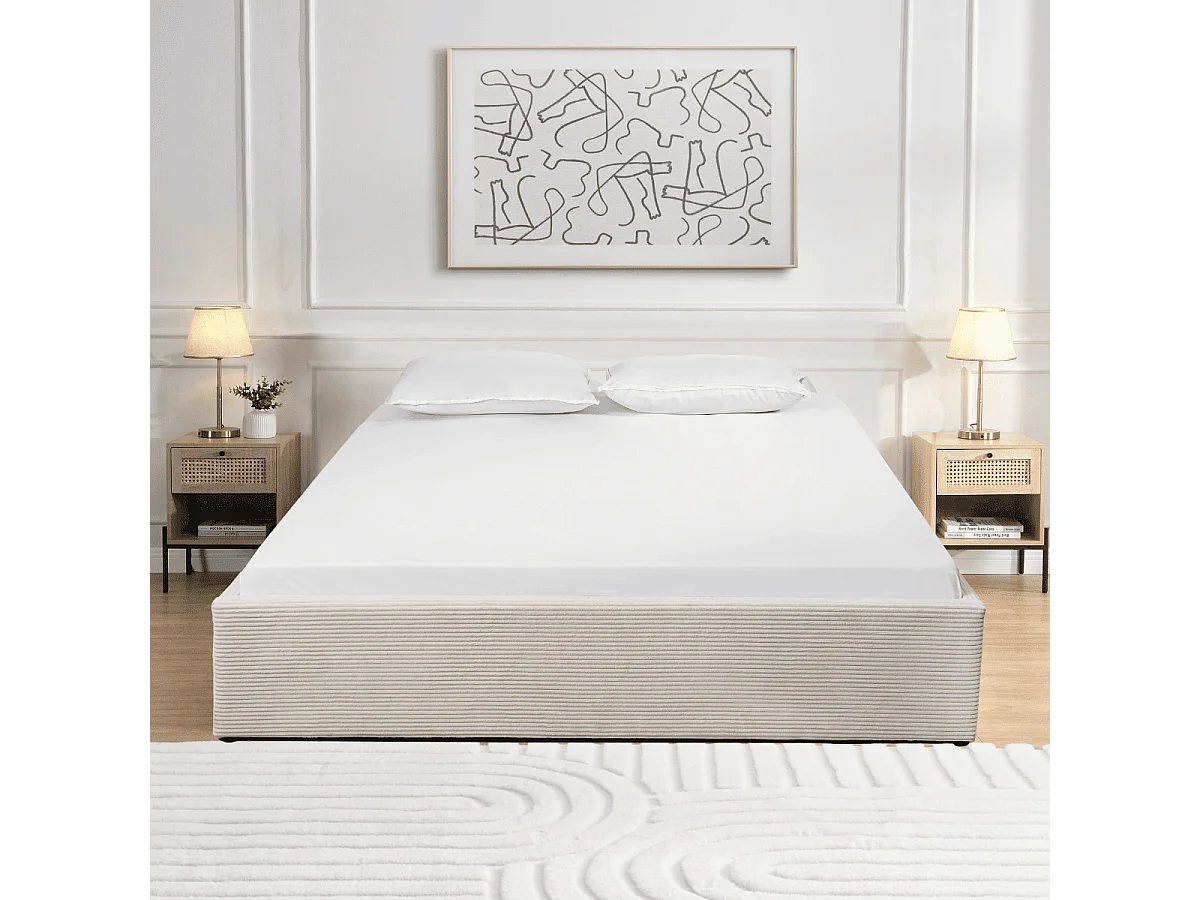 Lit coffre 160x200 cm en velours côtelé beige - ROMY