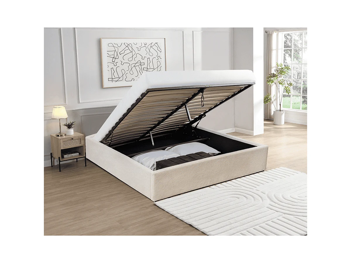 Lit coffre 160x200 cm en velours côtelé beige - ROMY