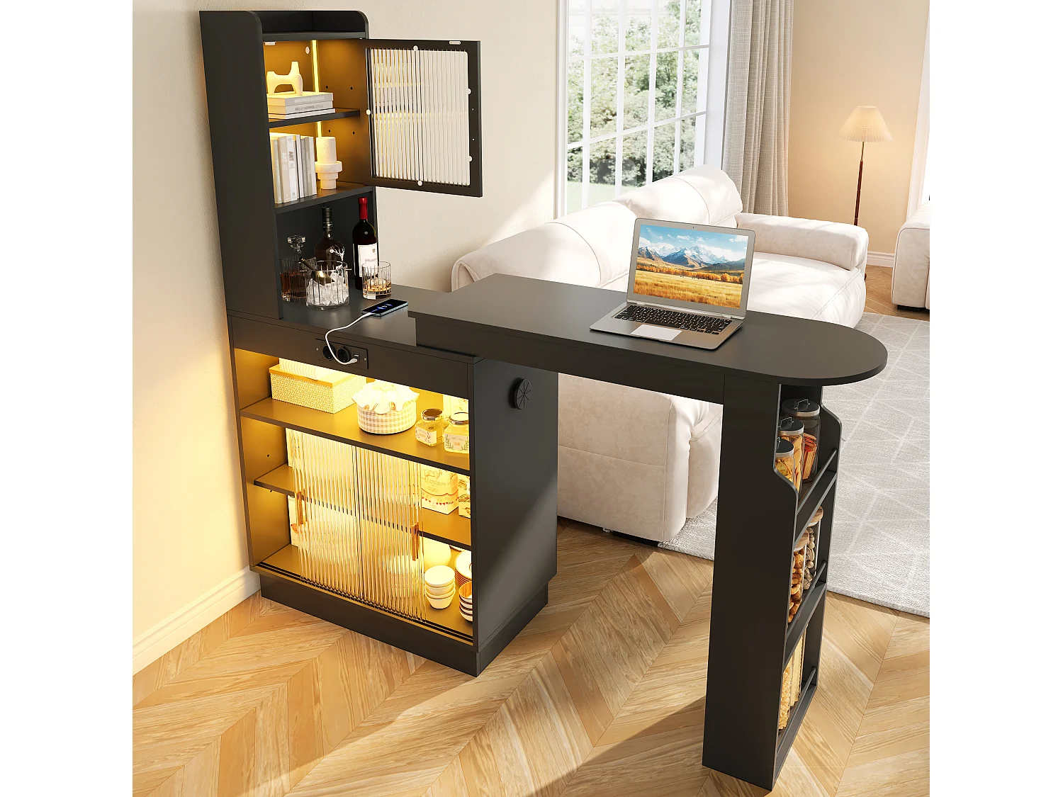 Barbar 131-170x40x170 cm - Meubel met glazen deuren - met LED-verlichting - met stopcontact (USB/USB-C-poorten) - zwart