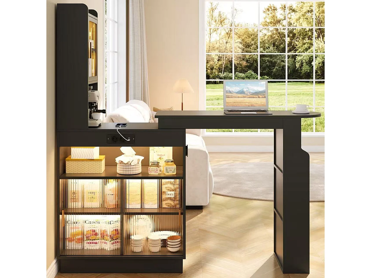 Barbar 131-170x40x170 cm - Meubel met glazen deuren - met LED-verlichting - met stopcontact (USB/USB-C-poorten) - zwart