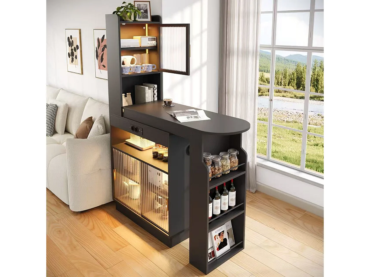 Barbar 131-170x40x170 cm - Meubel met glazen deuren - met LED-verlichting - met stopcontact (USB/USB-C-poorten) - zwart