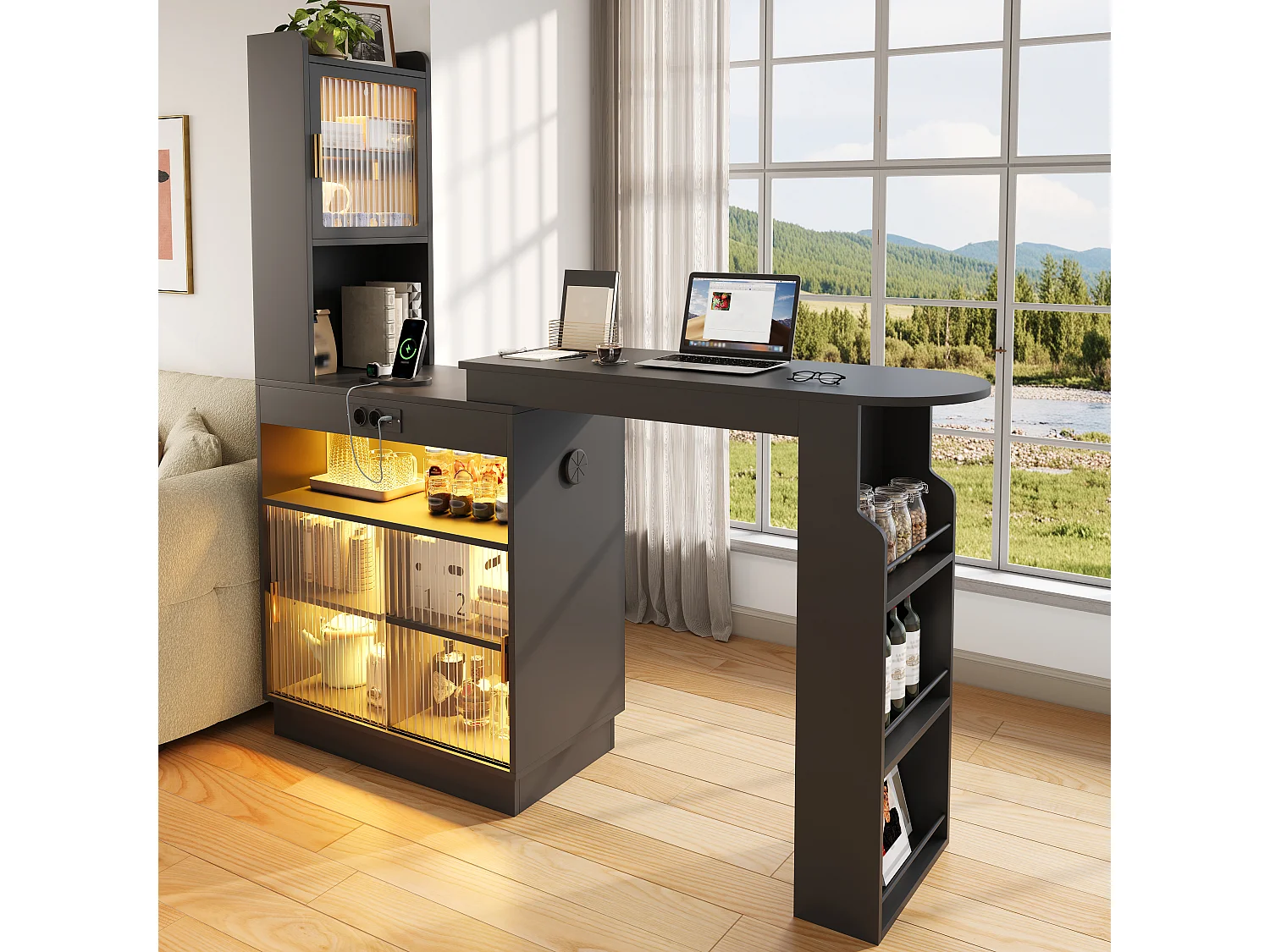 Barbar 131-170x40x170 cm - Meubel met glazen deuren - met LED-verlichting - met stopcontact (USB/USB-C-poorten) - zwart