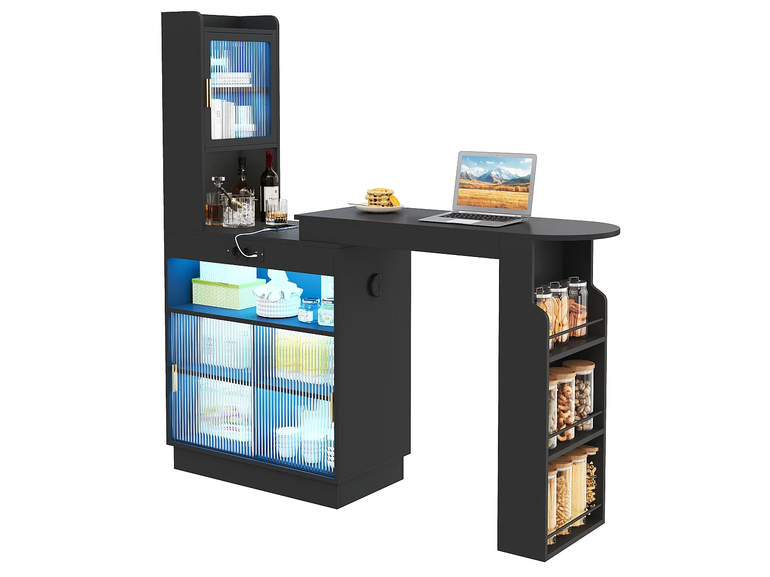 Barbar 131-170x40x170 cm - Meubel met glazen deuren - met LED-verlichting - met stopcontact (USB/USB-C-poorten) - zwart
