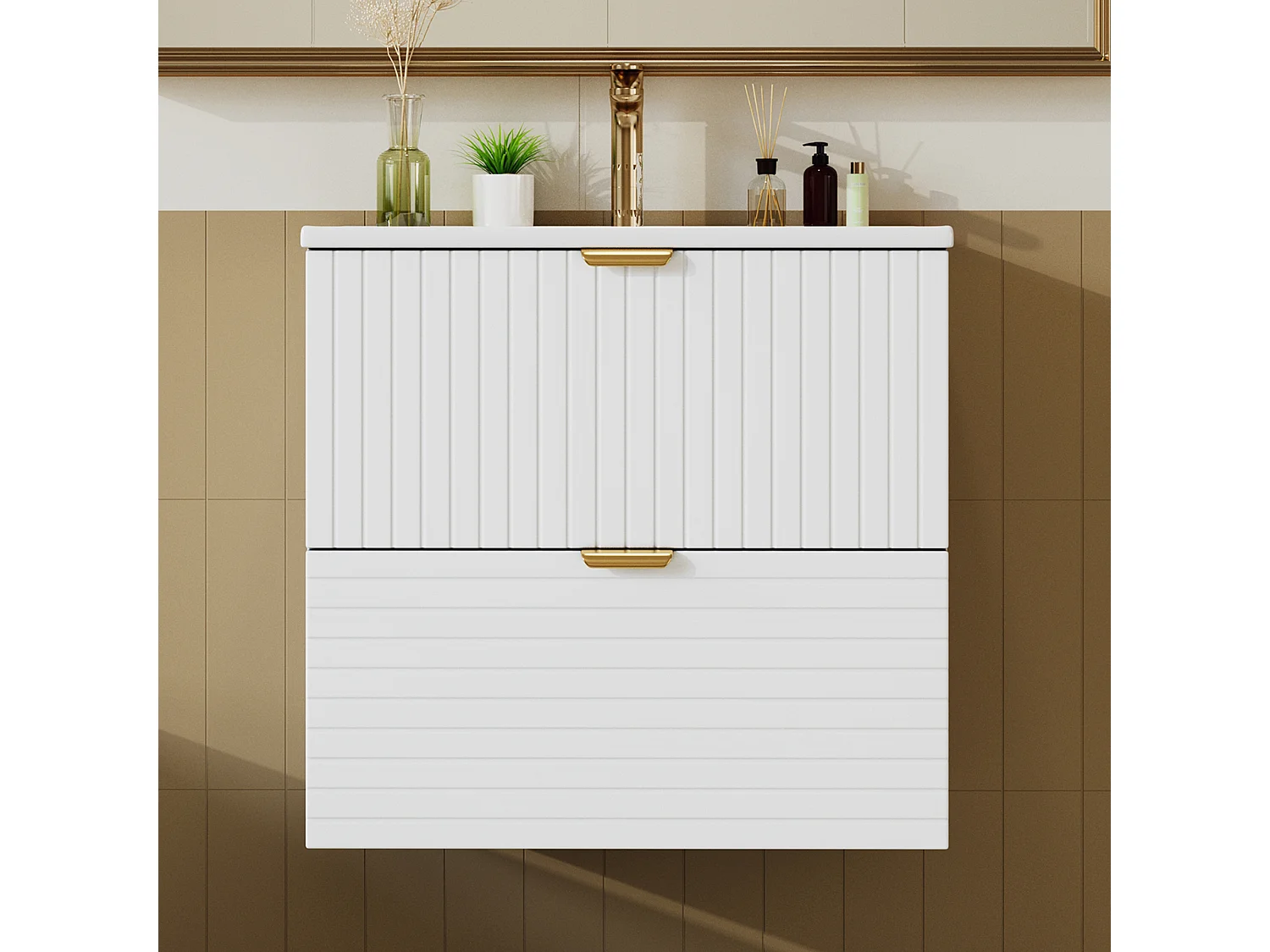 Wall-mounted bathroom cabinet 61x46x57 cm - Integrated sink - 2 drawers - Fully painted MDF - White