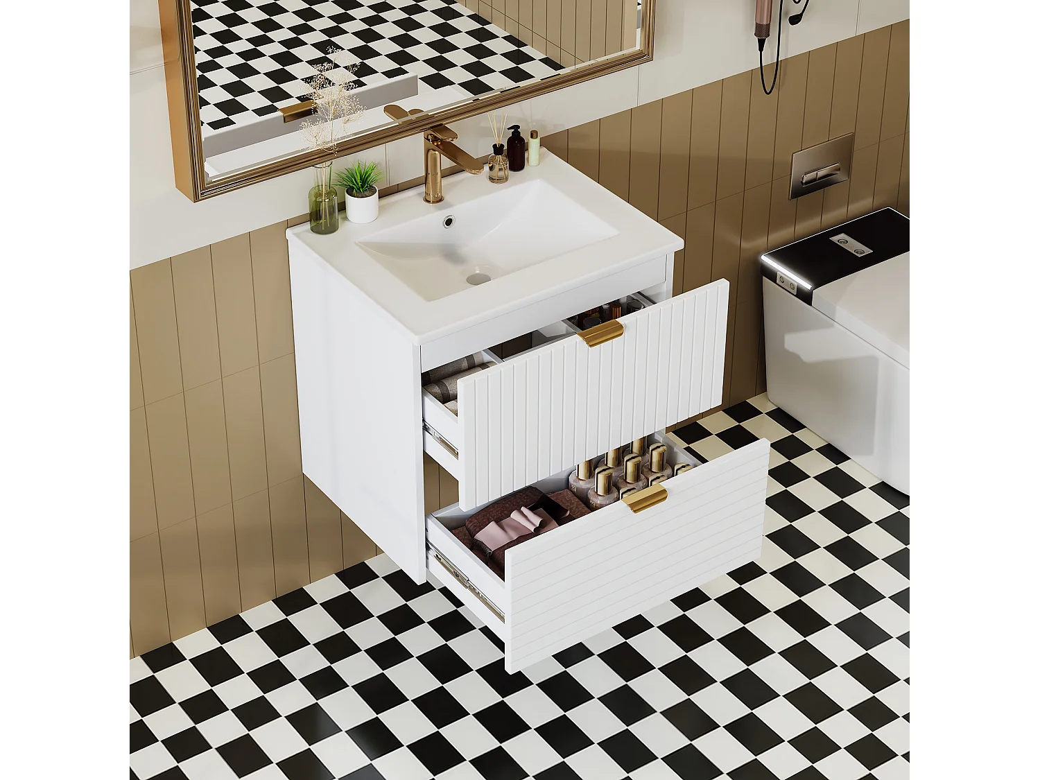 Wall-mounted bathroom cabinet 61x46x57 cm - Integrated sink - 2 drawers - Fully painted MDF - White