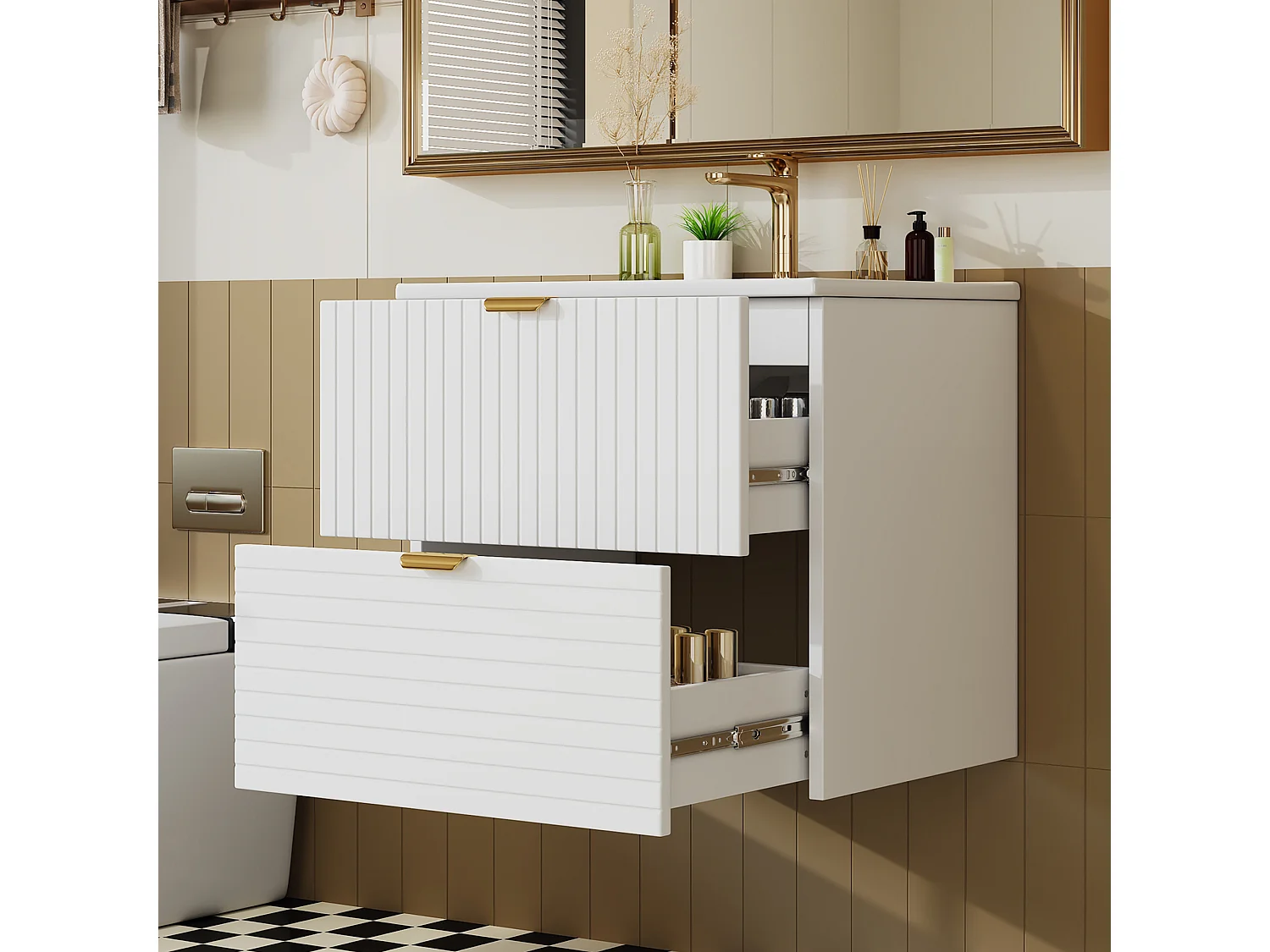 Wall-mounted bathroom cabinet 61x46x57 cm - Integrated sink - 2 drawers - Fully painted MDF - White