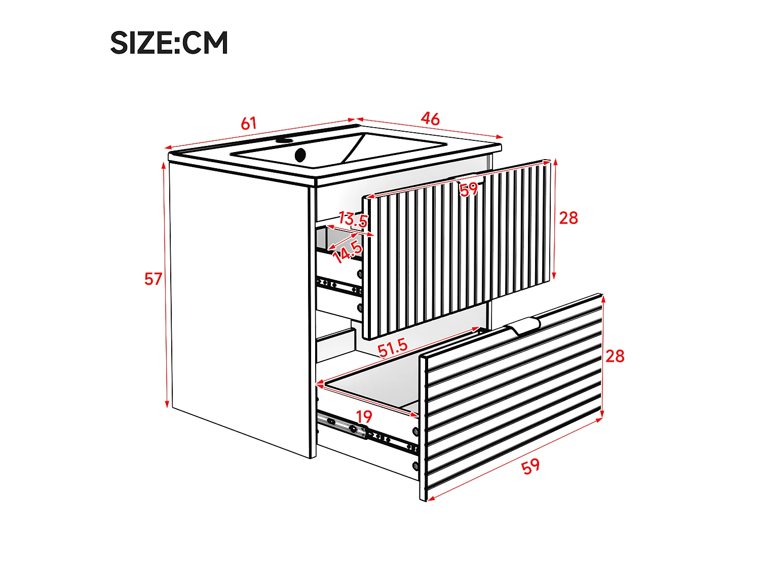 Wall-mounted bathroom cabinet 61x46x57 cm - Integrated sink - 2 drawers - Fully painted MDF - White