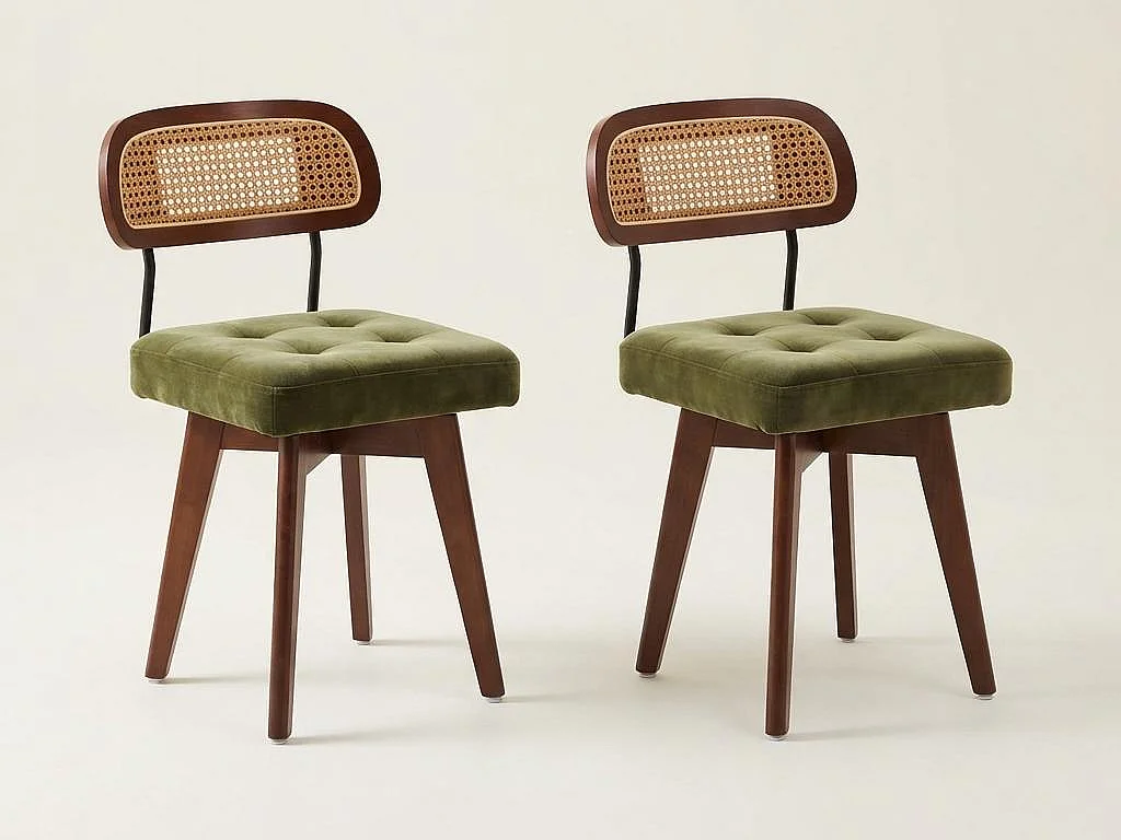 Aura - Set van 2 360° Draaibare Eetkamerstoelen - Chenille Zitting, Gevlochten Rattan Rugleuning, Zwarte Metalen Poten, 43x50x77 cm