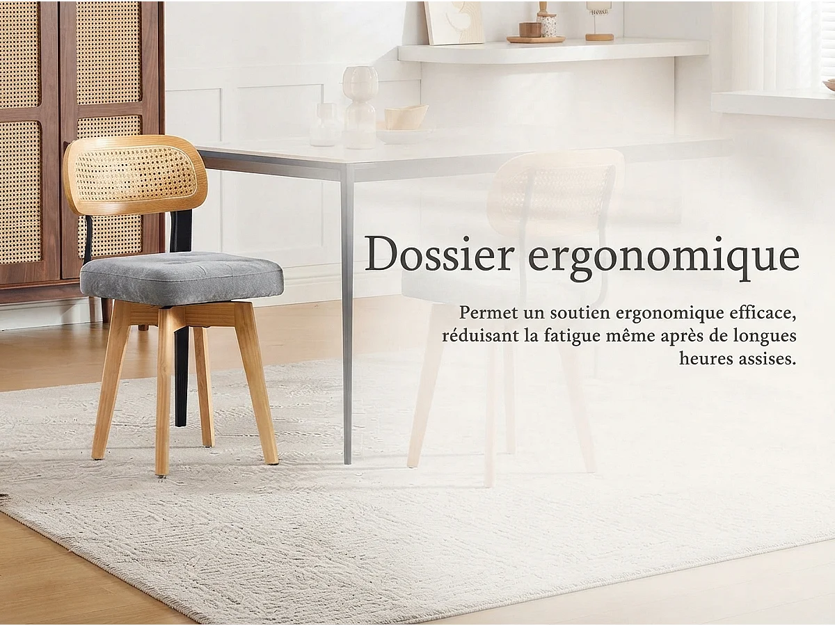 Aura - Set van 2 360° Draaibare Eetkamerstoelen - Chenille Zitting, Gevlochten Rattan Rugleuning, Zwarte Metalen Poten, 43x50x77 cm