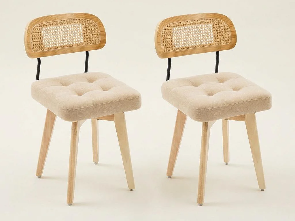 Aura - Set van 2 360° Draaibare Eetkamerstoelen - Chenille Zitting, Gevlochten Rattan Rugleuning, Zwarte Metalen Poten, 43x50x77 cm