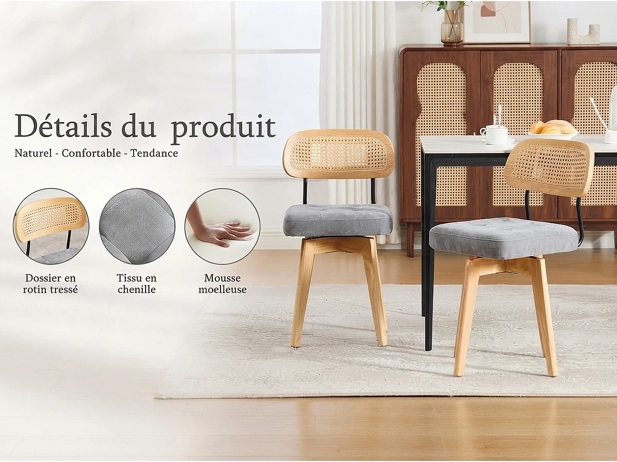 Aura - Set van 2 360° Draaibare Eetkamerstoelen - Chenille Zitting, Gevlochten Rattan Rugleuning, Zwarte Metalen Poten, 43x50x77 cm