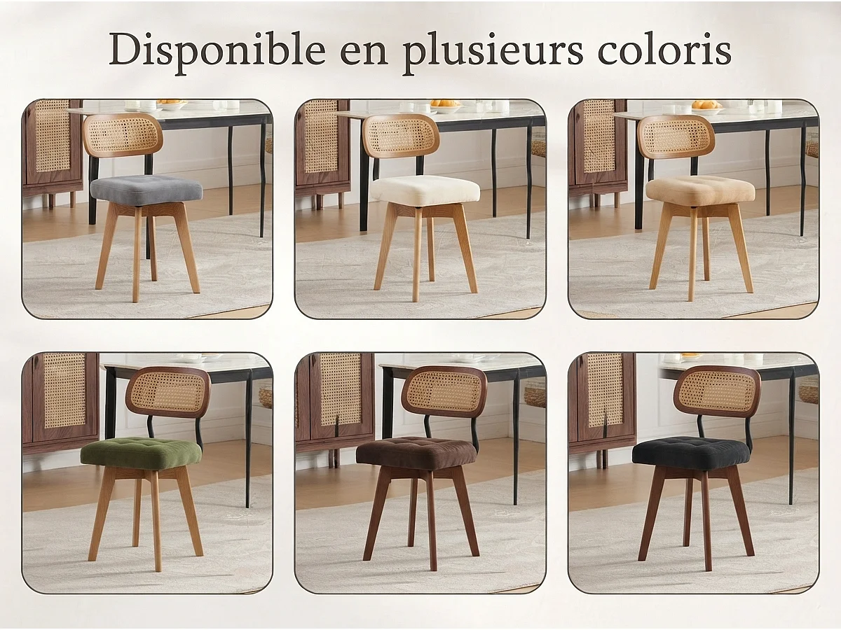 Aura - Set van 2 360° Draaibare Eetkamerstoelen - Chenille Zitting, Gevlochten Rattan Rugleuning, Zwarte Metalen Poten, 43x50x77 cm
